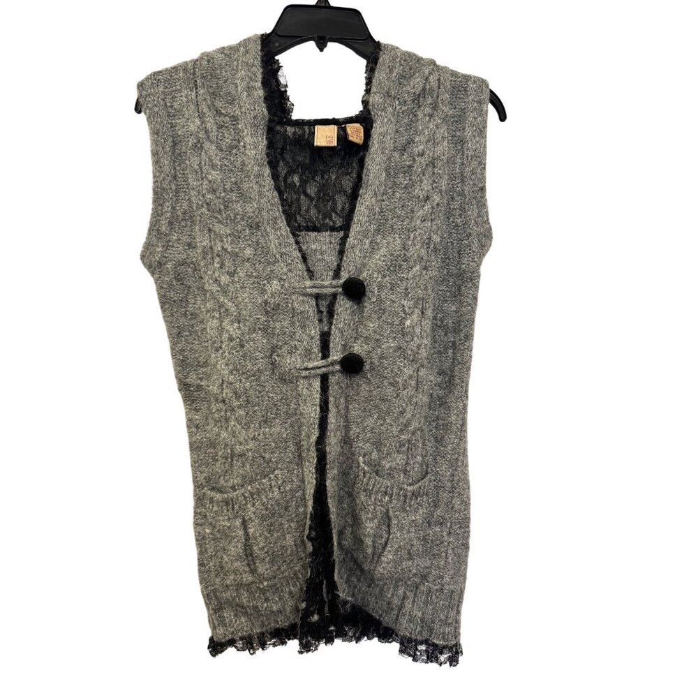 Vintage BKE Gray Cable Knit Sleeveless Cardigan Vest With Lace Trim Size M